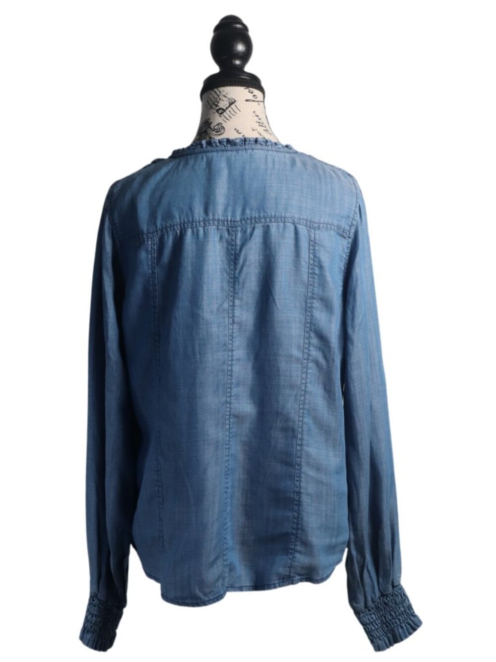 NWT White House Black Market Chambray Ruffle Blouse Blue Size S - Picture 3 of 4